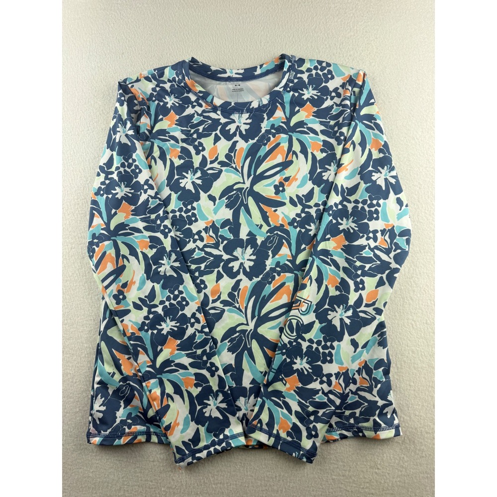 Roxy Womens Long Sleeve Rash Guard Swim Top Floral Hibiscus Blue Orange Size M‎